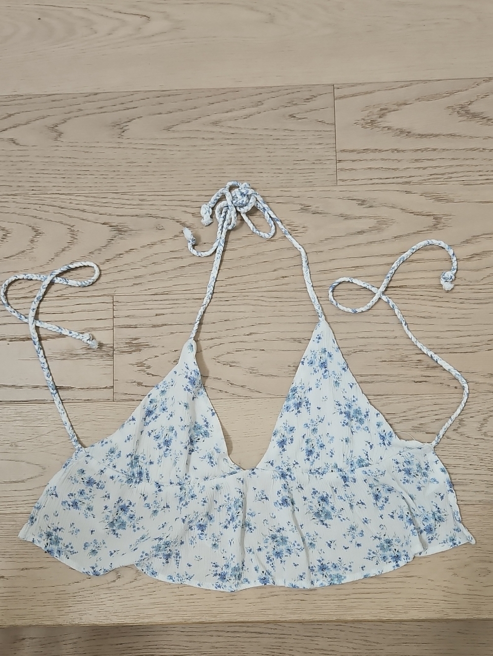 Garage Blue Floral Triangle Ruffle Tie Halter Top